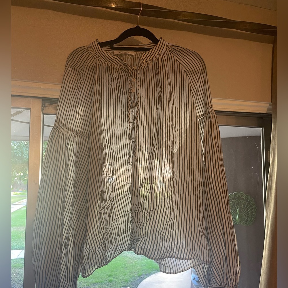 Frame Sheer Blue and White Striped Quarter Button Blouse